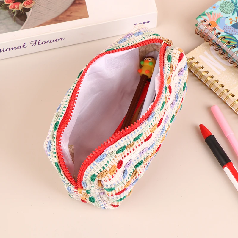 

Rainbow Woven Pencil Case With Small Fragrance Wool Design Contrasting Color Large Capacity Stationery Bag