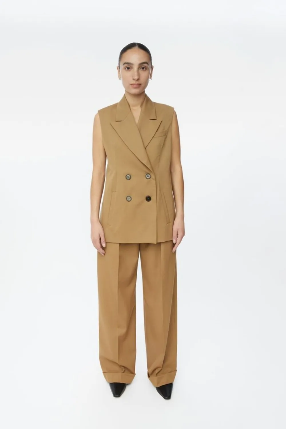 Fashion Khaki Womens Suit 2 Pieces Double Breasted Classic Elegant Sleeveless Shirt With High Waist Wide Casual Customized