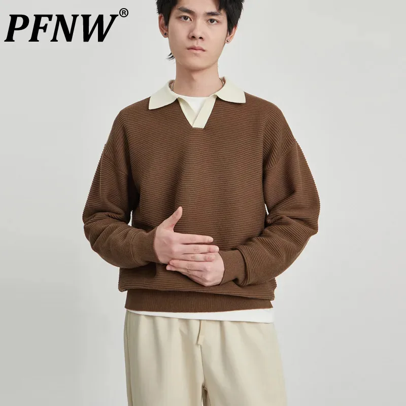 

PFNW Men's Tide Streetwear Vintage Style Trendy Color Contrast Knitted Sweater Autumn Winter New Anti Pilling Sweater 12Z7033