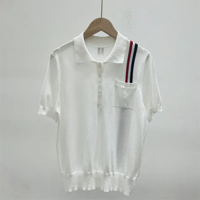 

Женская рубашка-поло в полоску, белый вязаный крючком пуловер в стиле пэчворк, летние топы в стиле преппи Y2K, укороченная футболка