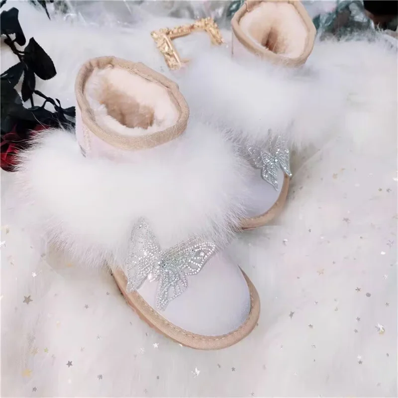 

Winter custom hand-made fox hair boots Rhine-diamond butterfly decorated fur one-piece boots women's plus size 35-44