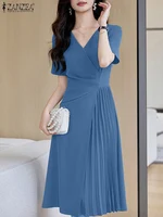Elegant Women V Neck Party Dress Summer Sundress ZANZEA Fashion Short Sleeve Pleated Robe Femme Casual Solid OL Work Vestidos