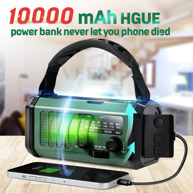 Portable Multifunctional Emergency Radio FM/AM/WB Weather Radio Solar Powered Charging Hand Cranked 10000mah Polymer