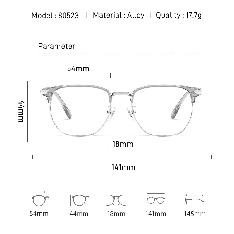 80523 Korean Style High Quality Eyebrow Frame Square Metal Translucent Gray Eyeglass Frame Optical Prescription Anti Blue Light
