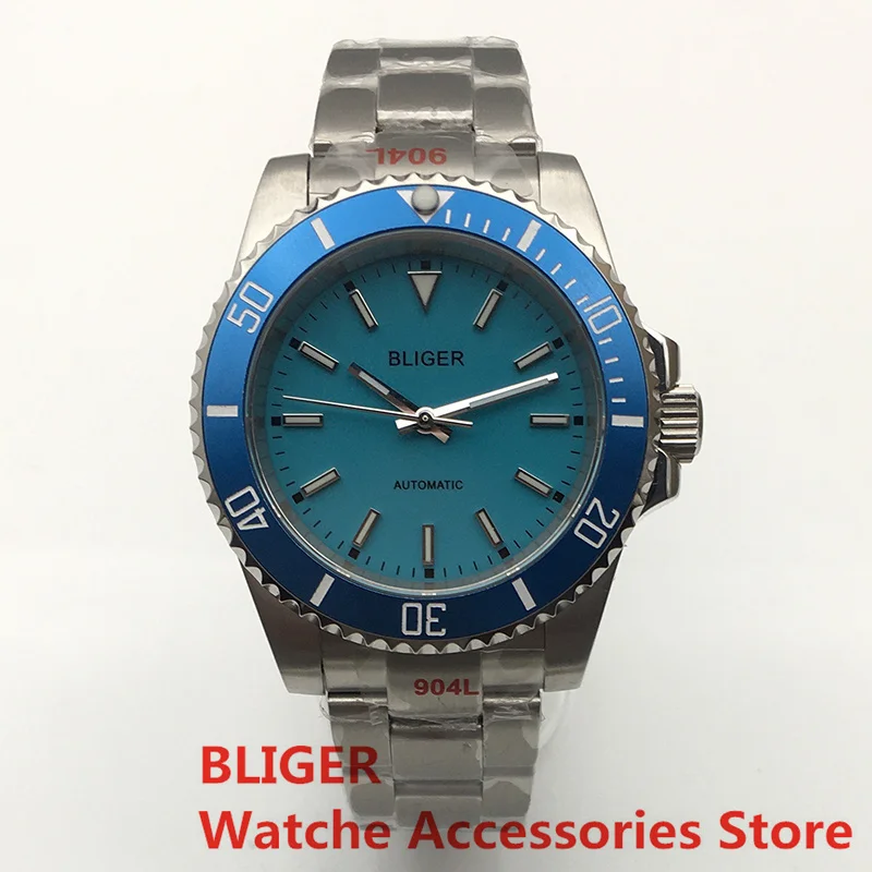 

BLIGER 40mm Men's Watch Green Luminous Sterile Blue Dial Bezel Sapphire Glass Stainless Steel Strap NH35 Automatic Men's Watch