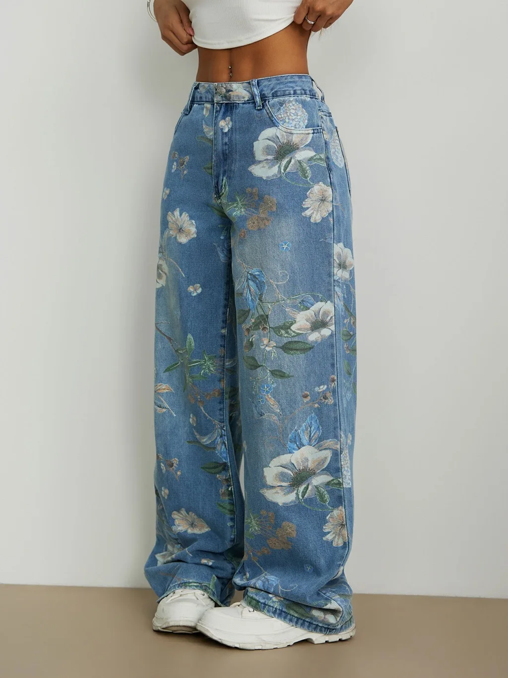 Jean ample à imprimé floral vintage pour femme, taille haute, coupe droite, pantalon en denim long à imprimé floral rétro