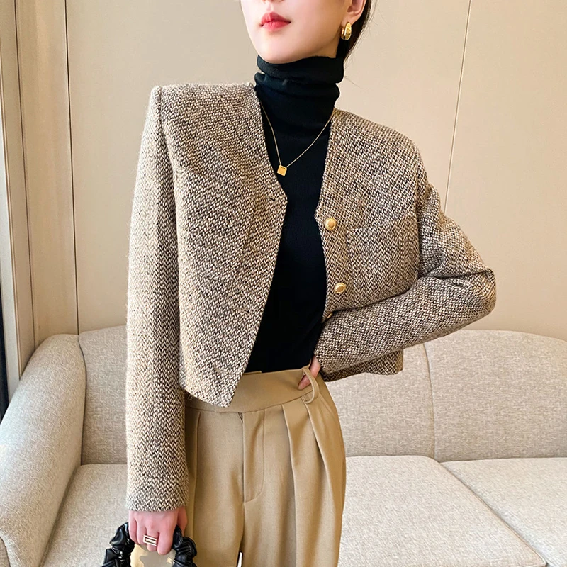 

Khaki Short Women Jacket Autumn 2023 England Style Simple Tweed Coat Woman Korean Chic Single-Breasted O-Neck Outerwear