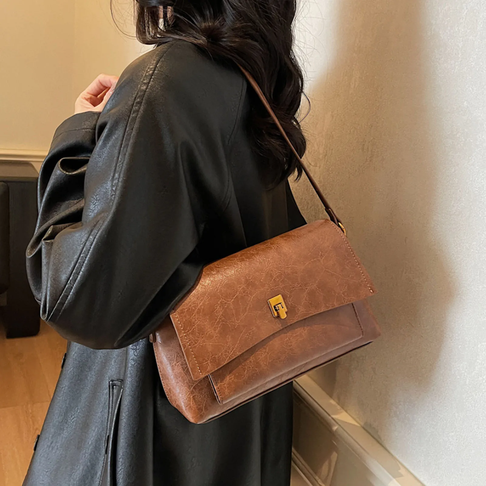Women Girls PU Leather Underarm Shoulder Bag Adjustable Strap Solid Color Shoulder Bag One Shoulder Armpit Bag for Work Travel