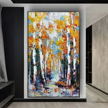 

Handmade Oil Painting on Canvas Wall Art Canva Picture modern Knife painting birch forest in autumn Paintings Decor Living Room