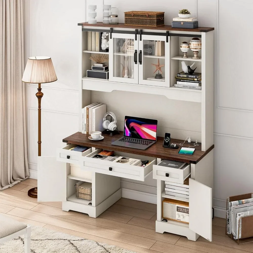 76" Height Farmhouse Desk with Sliding Door Hutch with Charging Station, Drawers and Storage Cabinet Workstation Computer Desk 6