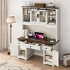 76" Height Farmhouse Desk with Sliding Door Hutch with Charging Station, Drawers and Storage Cabinet Workstation Computer Desk 6
