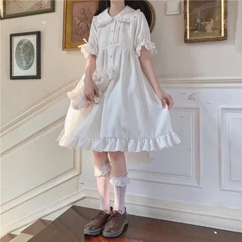 Japanese Sweet Girl Lolita Dress White 2021 Summer Kawaii Peter Pan Collar Cute Ruffle Puff Sleeve Drees Elegant Lady Dresses 5