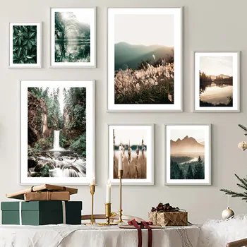 Stampe su Tela di Natura Neutra, Poster di Foresta Verde, Montagna e Cascata, Paesaggio Boho con Erba della Pampa e Lago, Decorazione Rustica per la Casa