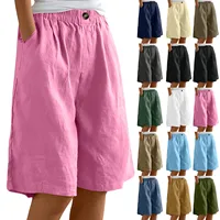 Female Fashion Solid Color Elastic High Waist Pocket Button Up Loose Cotton Linen Five Length Shorts Summer Soft Comfort Pants - Image 5