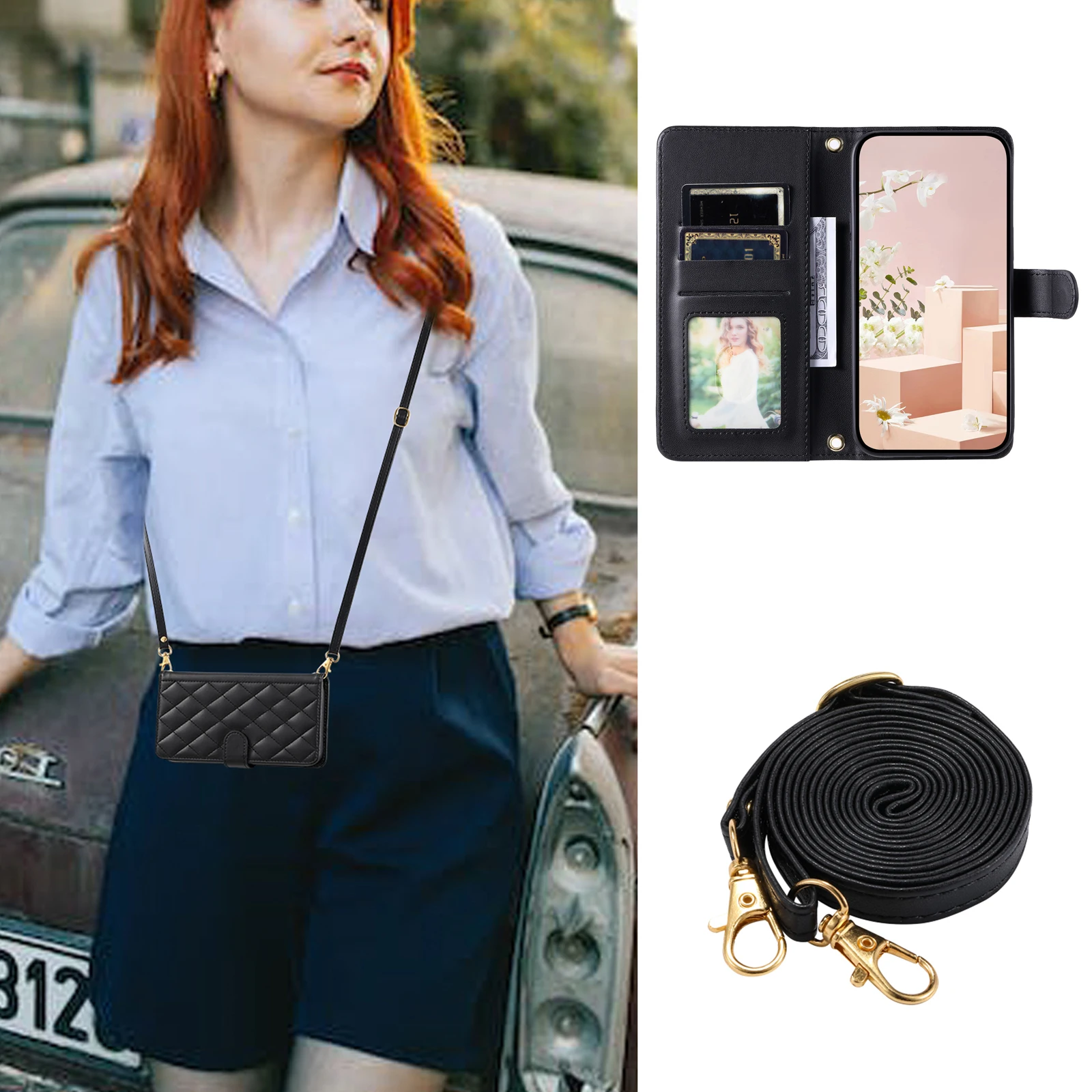 Luxurious Flip Leather Wallet Case with Lanyard and Card Holder