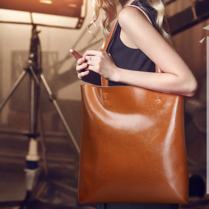 

Ladies Genuine Leather Handbags Big Women Vintage Shoulder Bags Cow Leather Bag