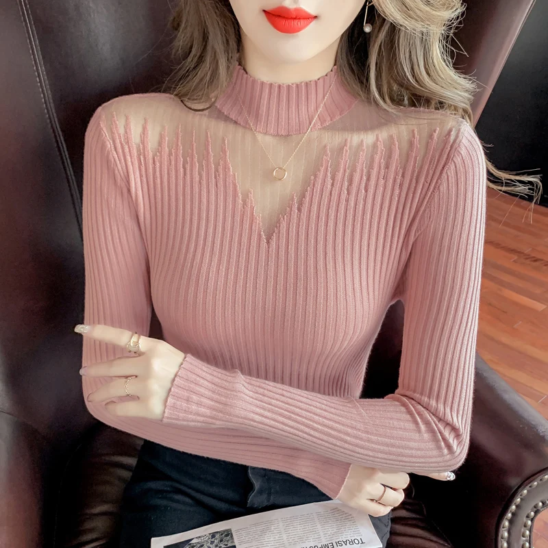 

Autumn Mock Neck LaceLong Sleeve Skinny Elastic Casual Sweater Women Basics Knitted Tops Bottoming Warm Knitwear Pullovers R85