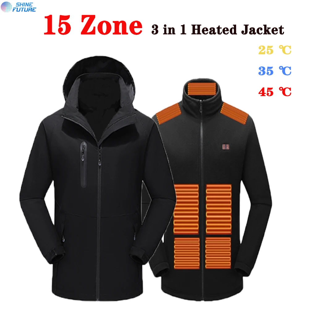 

15 Areas USB Heated Jacket Parka for Men Winter Heated 3 In 1 Windbreaker Waterproof Windproof Outdoor Sports Vests Warm Coat
