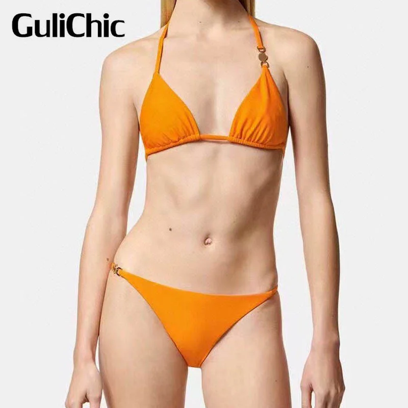 

11.3 GuliChic Women Fashion Metal Button Spliced Halterneck Push-Up Brassiere + Briefs Sexy Bikini Set Swimsuit