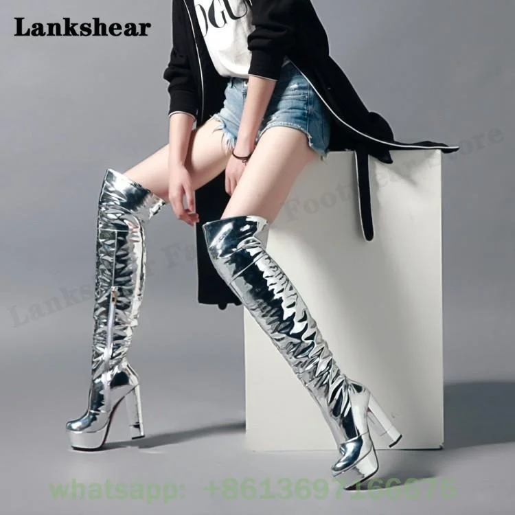 Silver Thigh High Boots Women Patent Leather Platform High Chunky High Heels Boots Round Toe Modern Funky Over The Knee Boots