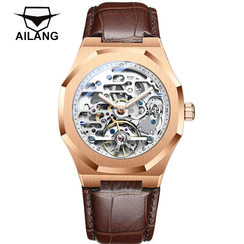 AILANG Fashion Rose Gold Case Skeleton Automatic Mechanical Watch For Men Luxury Brand Genuine Leather Watch Casual Clock Reloj