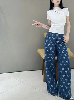 Jeans da donna con fiocco Hot Diamond Zipper Fly Vintage 2025 Pantaloni lunghi a gamba larga in denim da donna di inizio autunno 1