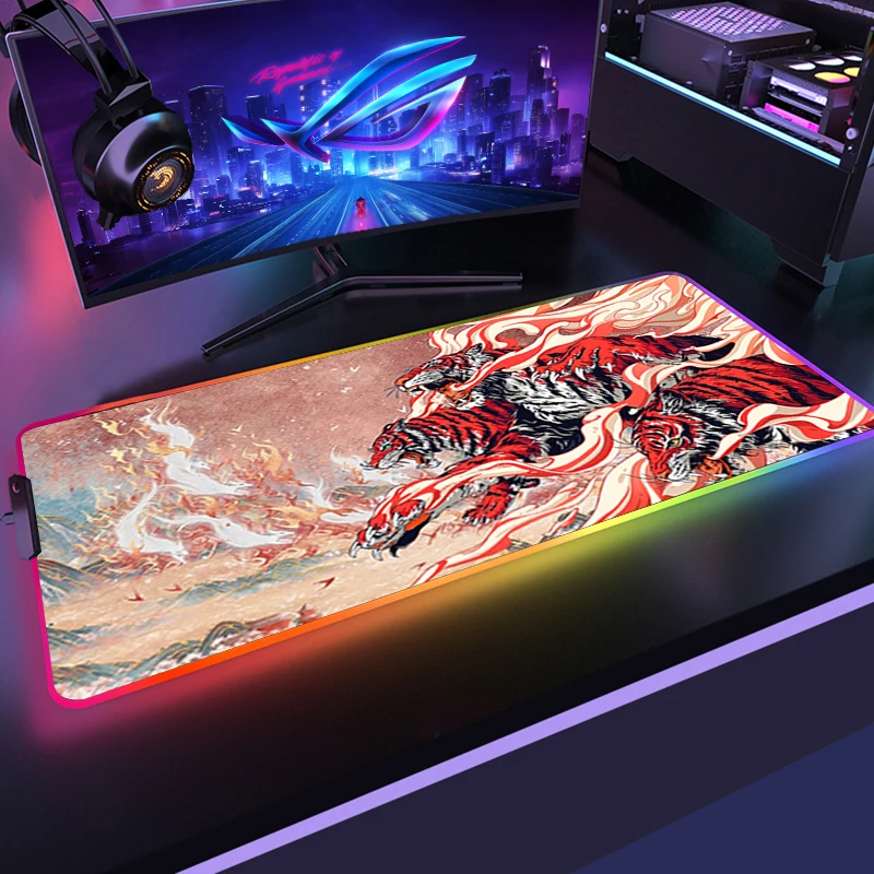 

Anime Tiger Gaming MousePad Computer Mousepad RGB Large Gamer XXL Mouse Carpet Big Mause Pad PC Desk Play Table Mat with Backlit