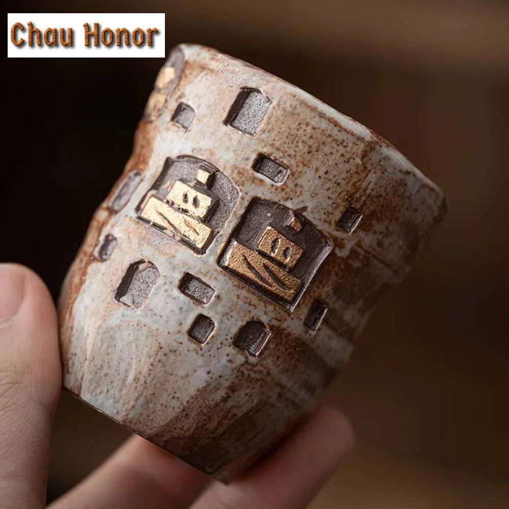 High End Wood-fired Porcelain Teacup Handmade Dunhuang Personal Master Cup Hand Carved Grotto Statue Mug Drinkware Collection