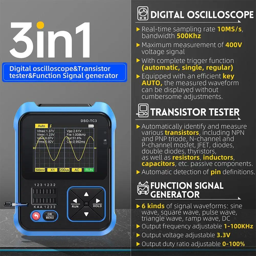 

DSO-TC3 Digital Oscilloscope 500kHz Bandwidth 10MS/s Sampling Rate Signal Generator USB Type-C Transistor LCR Tester Tool