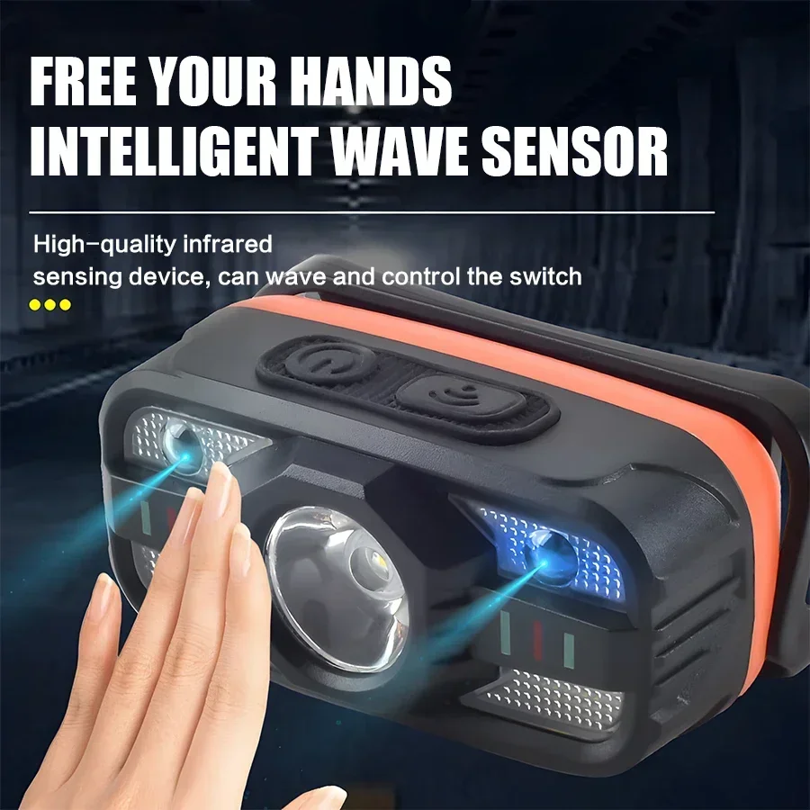 휴대용 LED 헤드램프 USB 충전식 라이트 내장 배터리 6가지 조명 모드 낚시 헤드 토치 야외 캠핑 랜턴