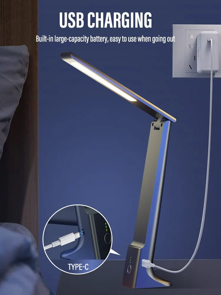 LED Desk Lamp Folding USB Charging Touch Control Dimmable Desktop Eye Protection Reading Study Office Bedroom Bedside