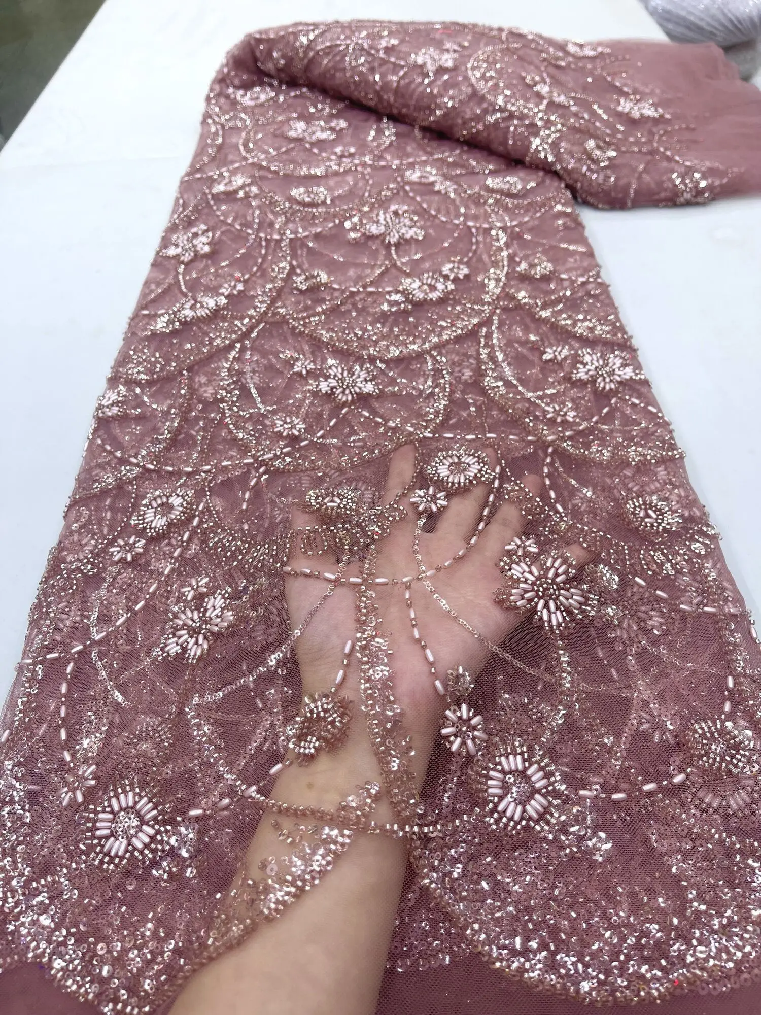 

Orange Nigerian Handmade Beads Lace Fabric 2024 High Quality Sequins Beaded Embroidery African French Lace Fabric For Dress