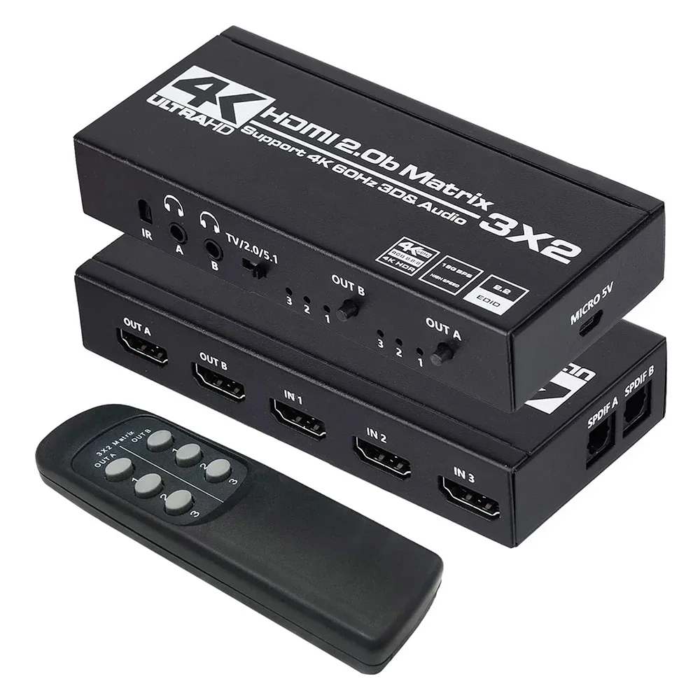 4K @ 60Hz 3 In 2 Out Hdmi Matrix Switch Splitter Hdmi Audio Extractor Con Spdif E L/R 3.5Mm Hdr Hdmi2.0 Switch 3X2 Per Ps5
