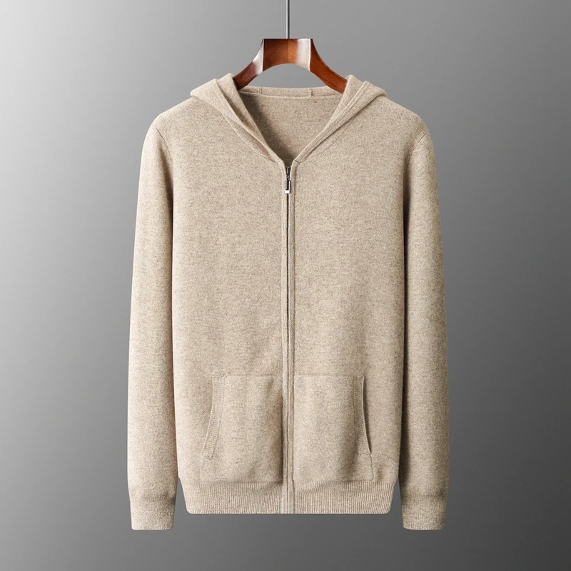 Autumn Winter New 100% Merino Wool Men's Zipper Hooded Coat Thick Sweater Warm Long Sleeved Knitted Cardigan men's coat 2