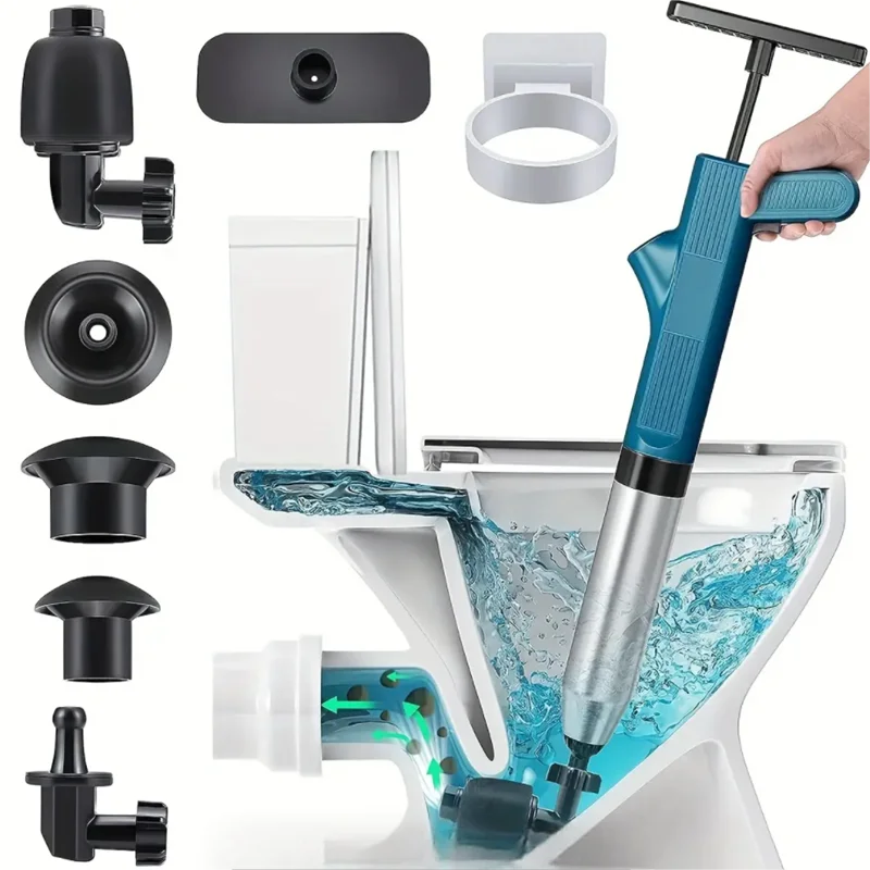 Drain Blaster Pneumatic High-pressure Tool Set Stainless Steel Toilet Plunger & Pipe Dredger Unblocker Kit
