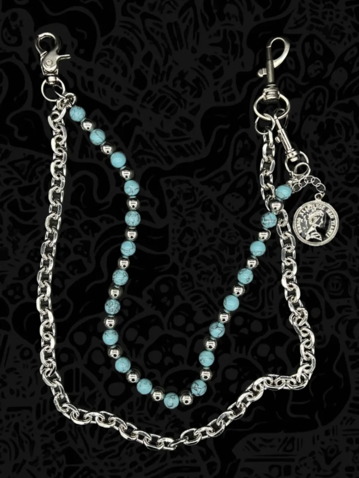 파란색 배경 검은색 패턴 터키석 수제 비즈 바지 체인 레트로 스트리트 단면 탈부착 펜던트 DIY 액세서리