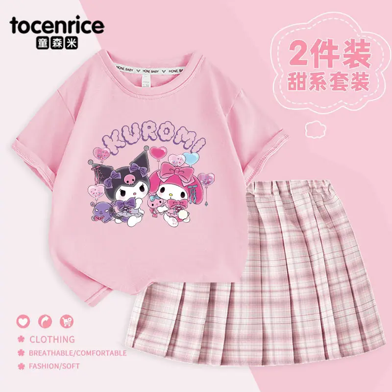 

Комплект униформы для девочек Kuromi Jk Sanrio Kawaii аниме Радужная юбка с коротким рукавом летняя Милая Детская плиссированная юбка одежда детский подарок