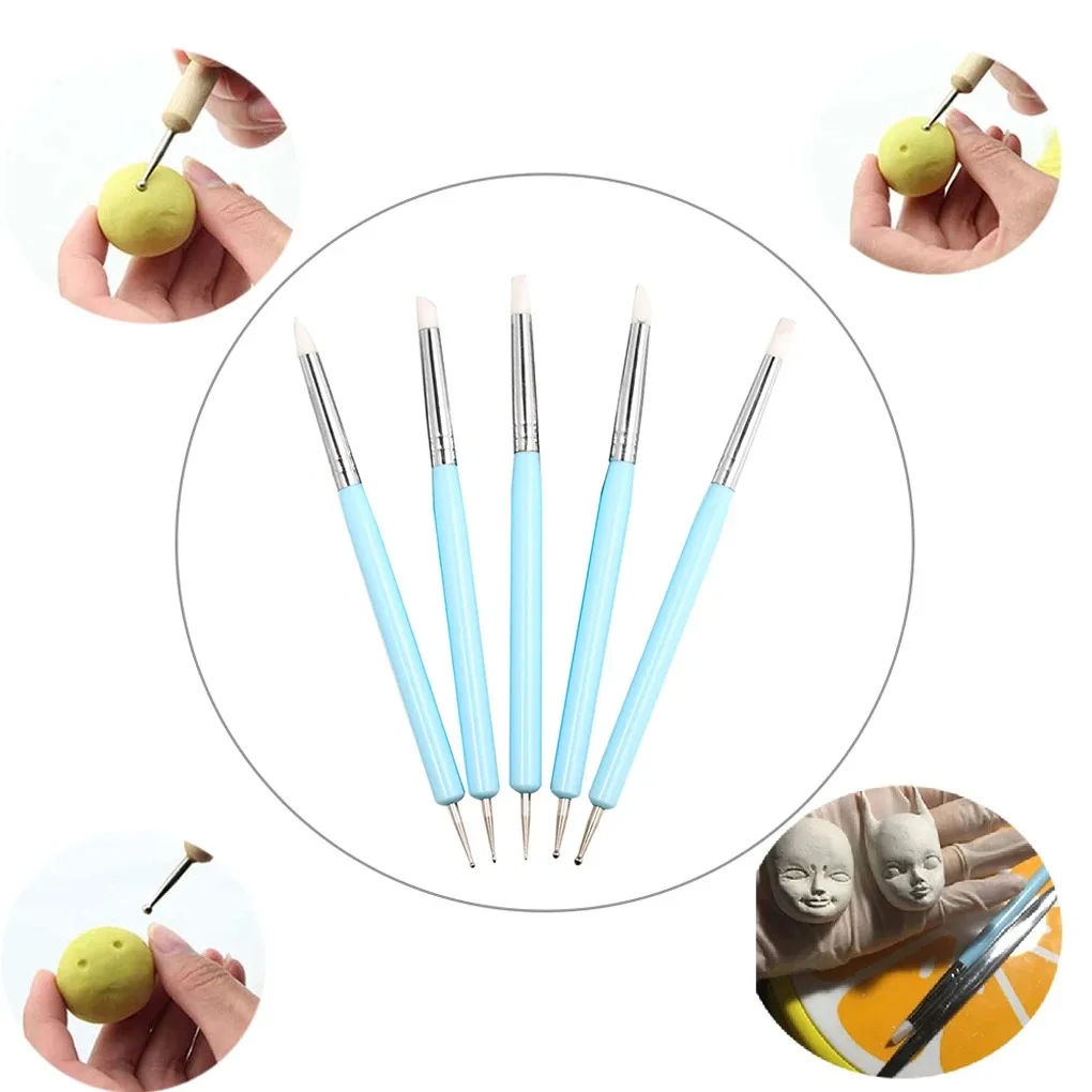5pcs/set Double-ended Dotting Tools Set Nail Art Embossing Tools Pottery Craft Art Silicone Brushes Pottery Clay Tool 2