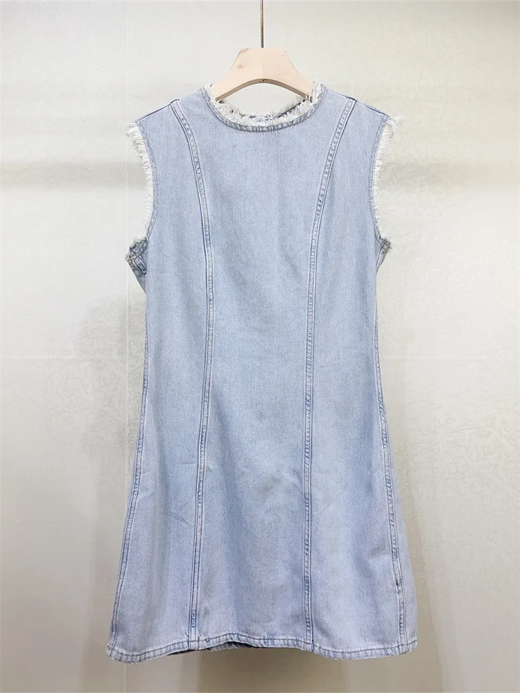 

Женское облегающее элегантное минималистичное короткое платье без рукавов, Новинка лета 2024, женское джинсовое платье составного кроя с круглым вырезом и эффектом потертости