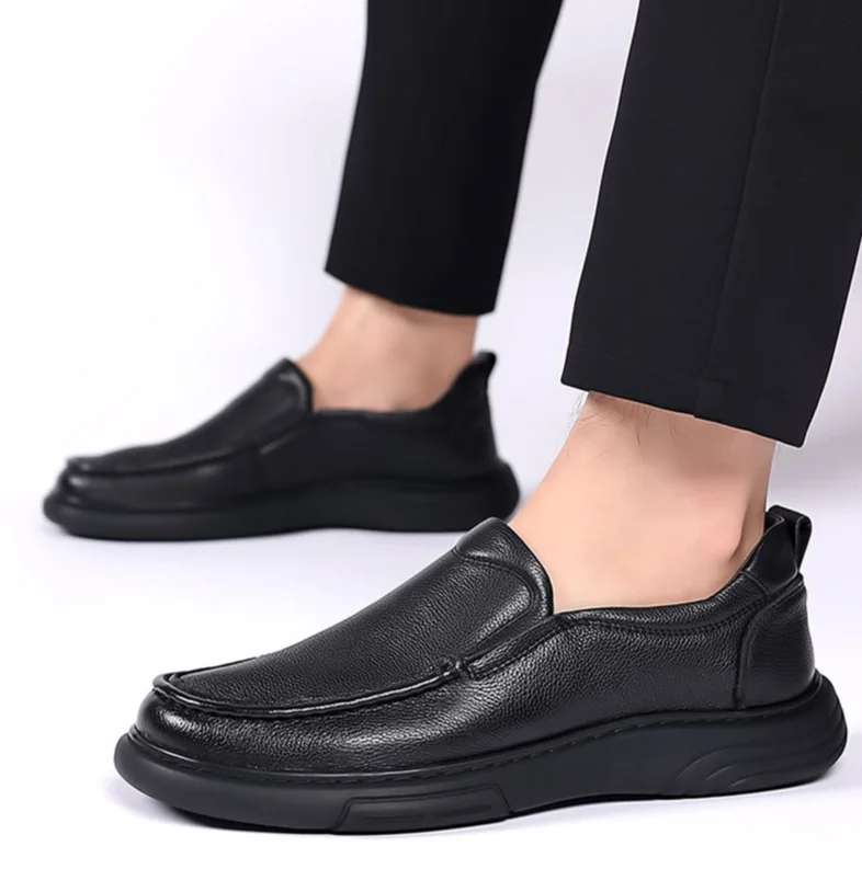 Casual leather round toe, autumn daily leather, men's shoes, slip resistant, loafers, toe layer cowhide,_voghion.com