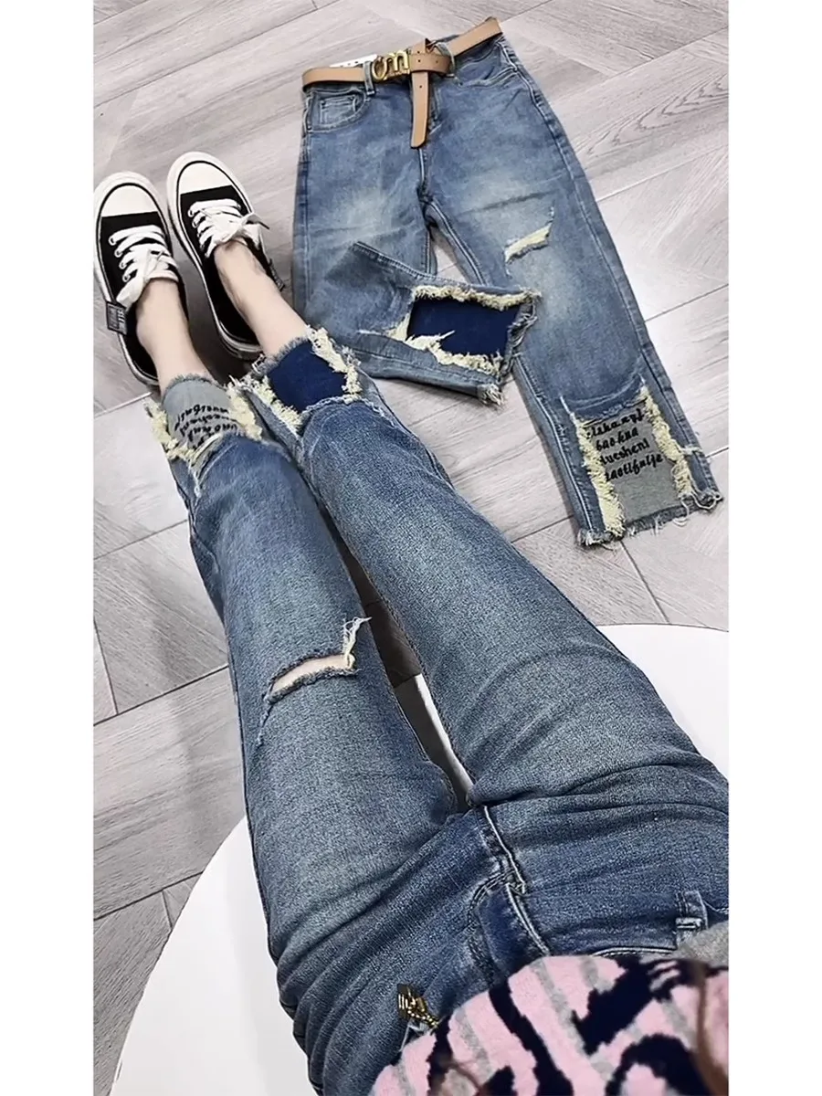Y2k Pear-shaped Slimming Straight Leg Jeans Children 2023 Plus-size Summer Thin Stretch Ripped Eighth Pipe Pants