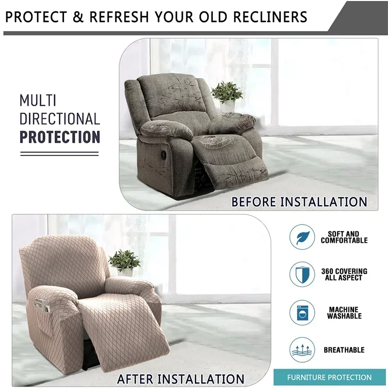 Plaid Jacquard Recliner Chair Cover Stretch Single Sofa Cover Thicken Armchair Slipcovers Relax  Chair Covers 4Pcs Split 3