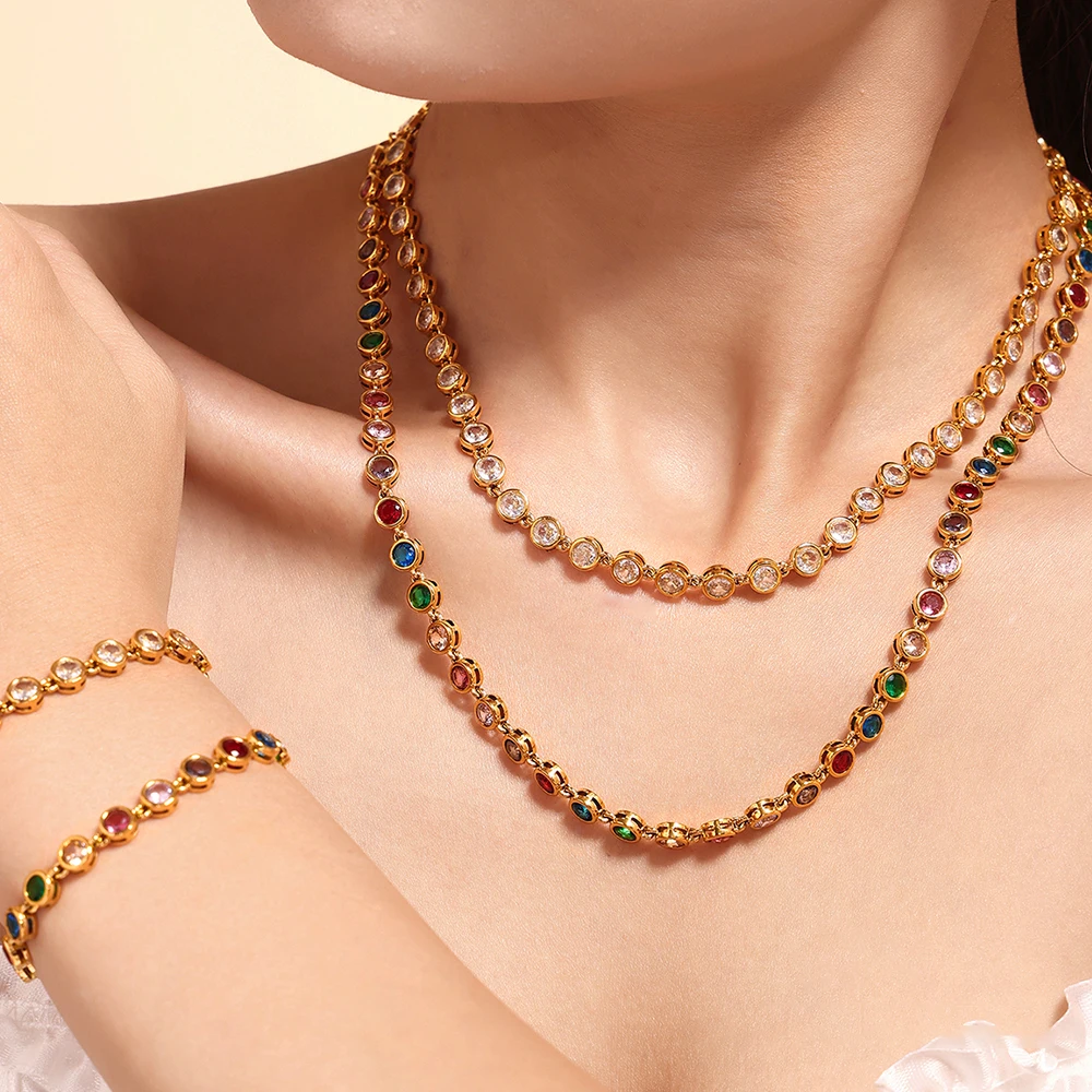 Mehrfarbiges Edelstahl-Halsketten-Armband für Damen und Herren, Tenniskette, Steine, Zirkon eingelegt, vergoldet, wasserdichter Schmuck
