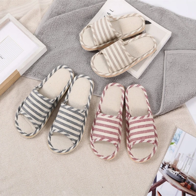 Women Cozy Flat Linen Shoes Autumn Men Indoor Home Linen Slides Four Season Floor Flip Flops Adults Comfortable Striped Sandals 2
