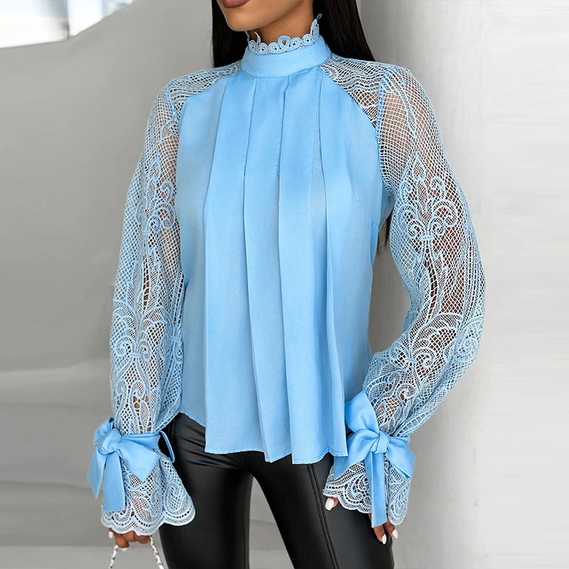 

Elegant Bow Long Sleeve Loose Women Office Top Blusa 2024 Solid Hollow Pullover Autumn Spring Half Collar Lace Stitching Blouse