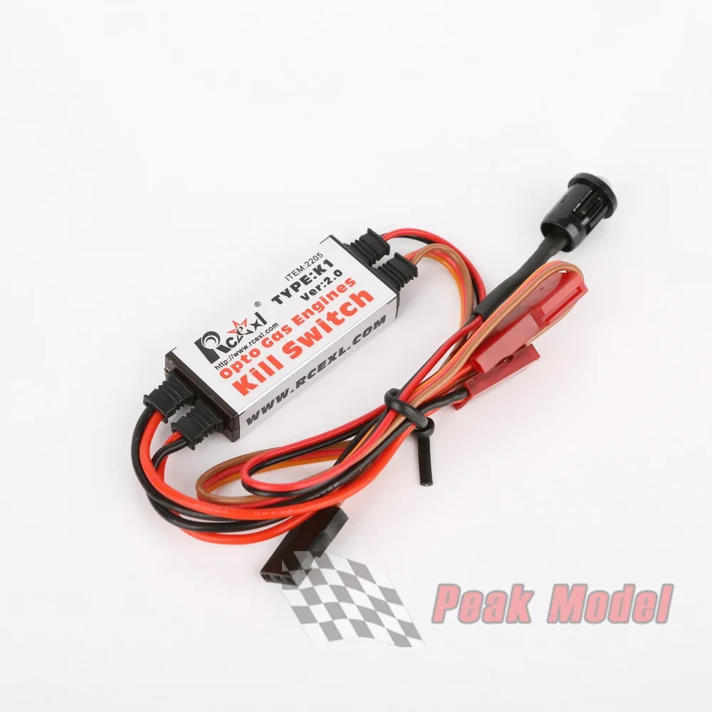 Détail du boîtier du Rcexl Opto Interrupteur d'Arrêt à Distance V2.0 avec câbles de signal et d'alimentation.