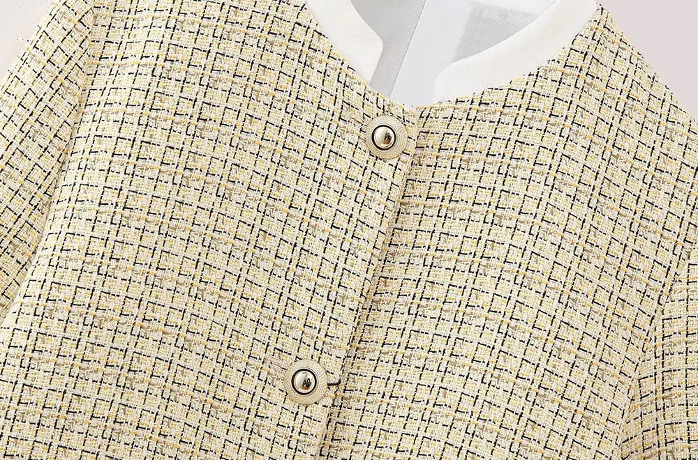 TRAF Women Blazers Fashion with Pockets Tweed Cropped Blazer Coat Vintage Long Sleeve Front Button Female Outerwear Chic Tops