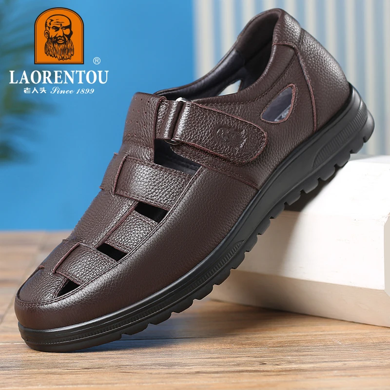 LAORENTOU genuine leather sandals, men's hollow and breathable perforated shoes, casual thick soled non slip leather shoes 3