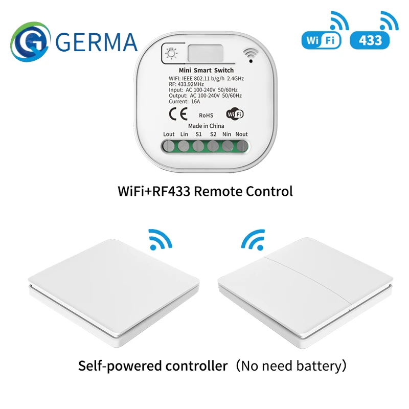 GERMA 16A WIFI Switch Smart Home Tuya App Remote Control Smart Timer Switch No Battery Light Switch Work with Google Home Alexa