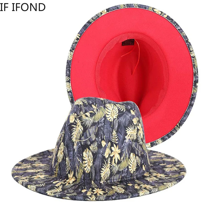 Fashion Women's Fedora Hat New Leaf Print Felt Jazz Hat Fascinator Party Dress Hat Panama Patchwork Hat Wholesale pink fedora Fedoras